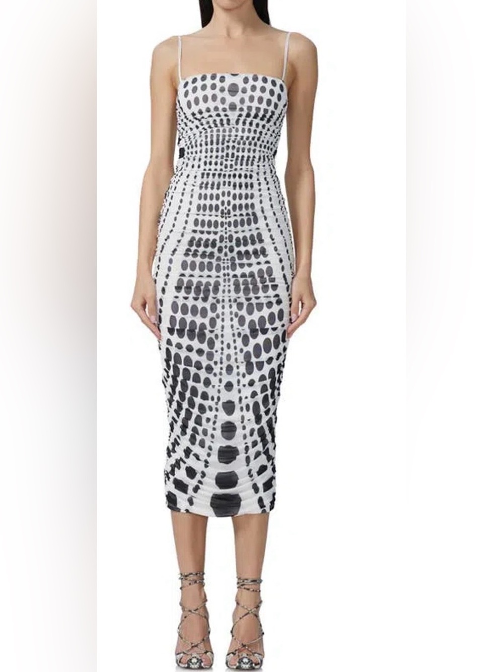 AFRM Hazel Illusion Polka Dot Ruched Mesh Midi Dress White Black Size Large NWT
